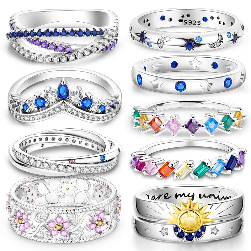 New Rings For Women 100% 925 Sterling Silver Star Moon Colorful Zircon Rings Fine Wedding Engagement Birthday Jewelry Gifts - Sellinashop