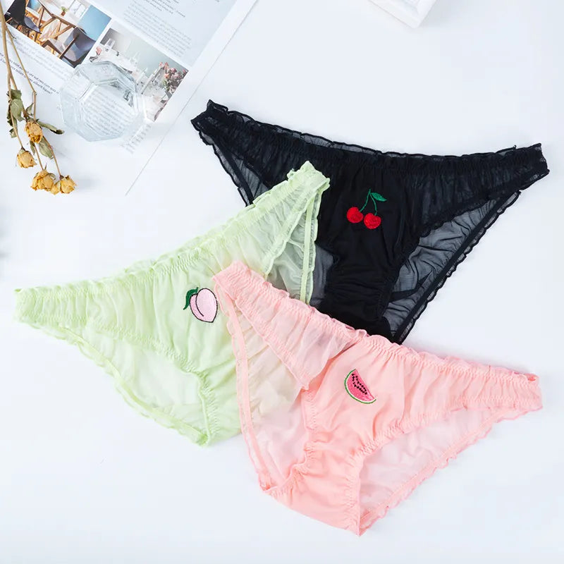 Women Sexy Lace Lingerie Temptation Low-waist Panties Fruit Embroidery Transparent Briefs Seamless Sweet Underwear - Sellinashop