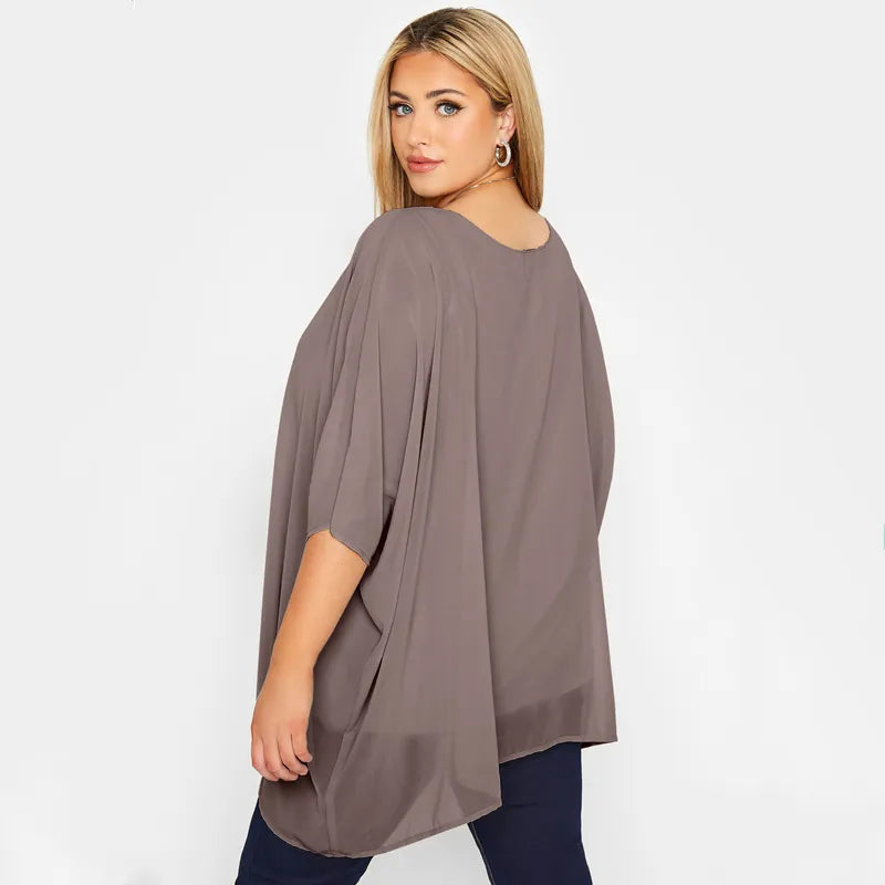 Plus Size Loose Bawing Sleeve Elegant Summer Cape Blouse Women 3/4 Sleeve Loose Casual Office Work Tunic Tops Large Size 6XL 7XL - Sellinashop