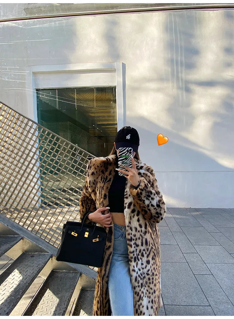 Long Warm Thick Leopard Faux Fur Jacket  for Women