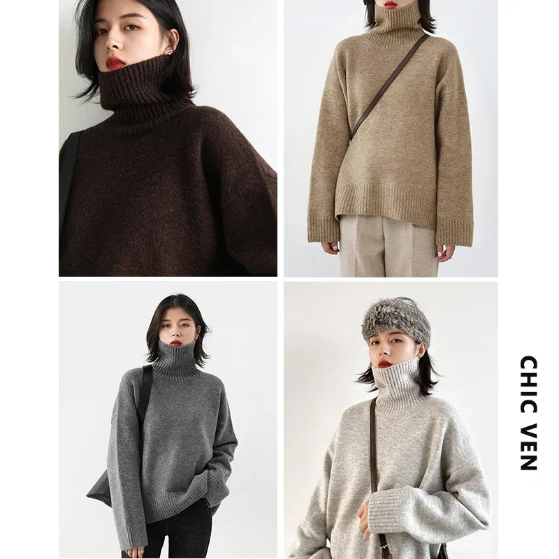 Women's Sweater Loose Turtleneck Sweaters Warm Solid Pullover Knitwear Basic Female Tops Autumn Winter - Sellinashop