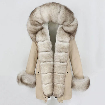 Fashion Winter Jacket Women Real Fur Coat Natural Real Fox Fur Collar Loose Long Parkas Big Fur Outerwear Detachable