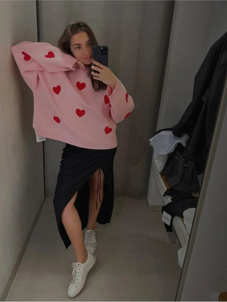 Love Heart O Neck Knit Sweater For Women Embroidery Fashion Long Sleeve Pullover Sweaters Female - Sellinashop
