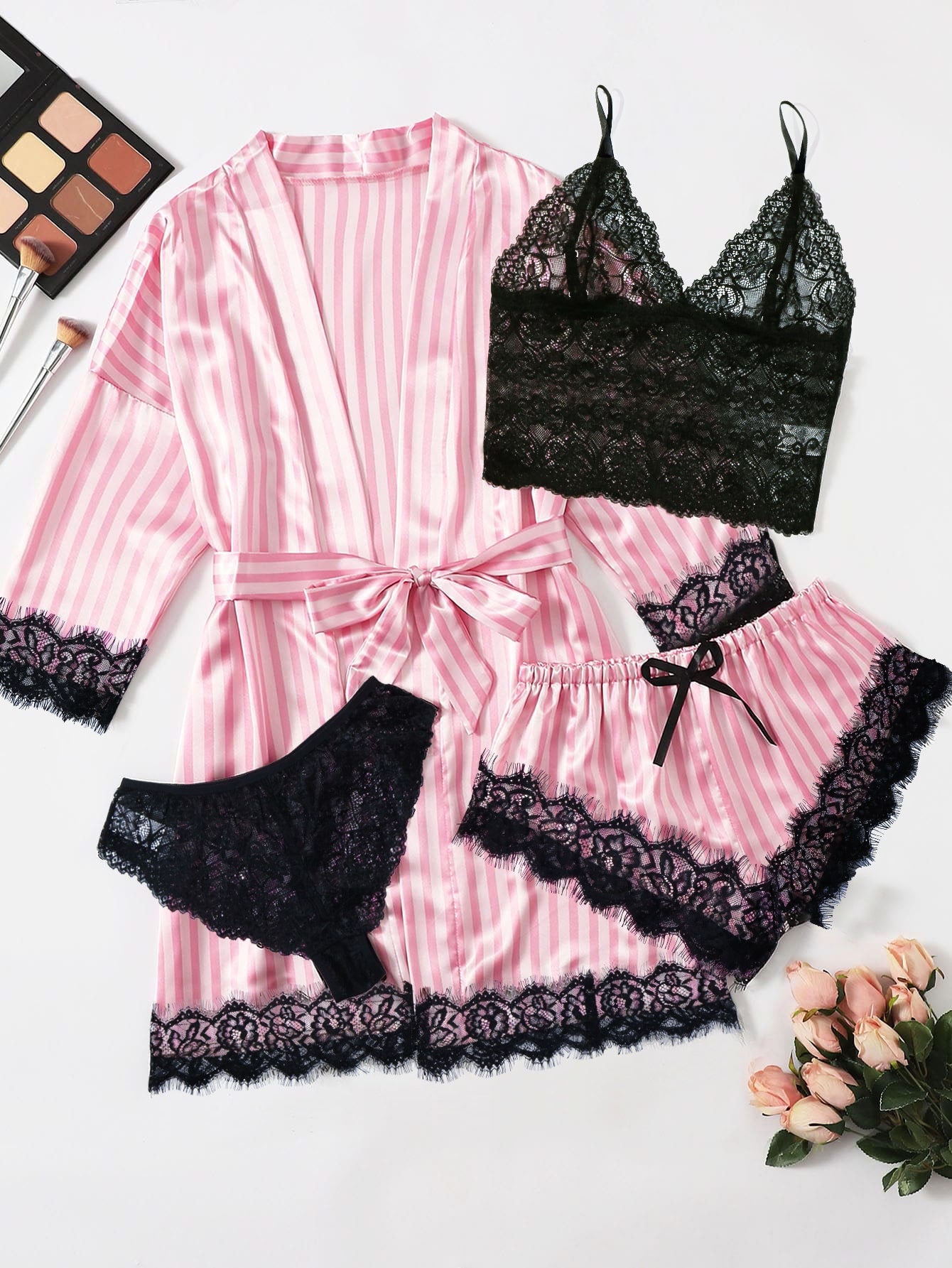 5pack Striped Contrast Lace Satin Lingerie Set & Robe - Sellinashop