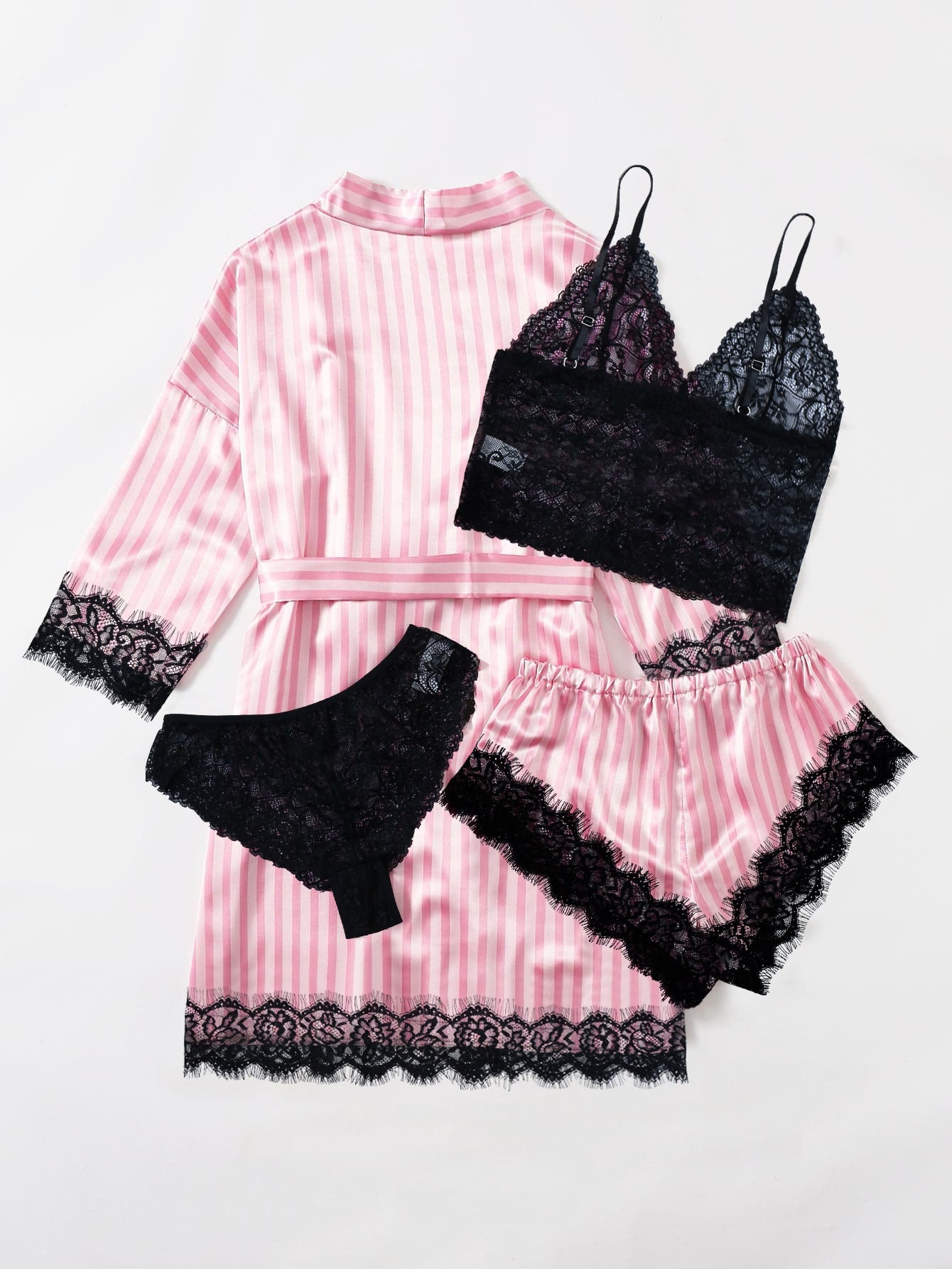 5pack Striped Contrast Lace Satin Lingerie Set & Robe - Sellinashop