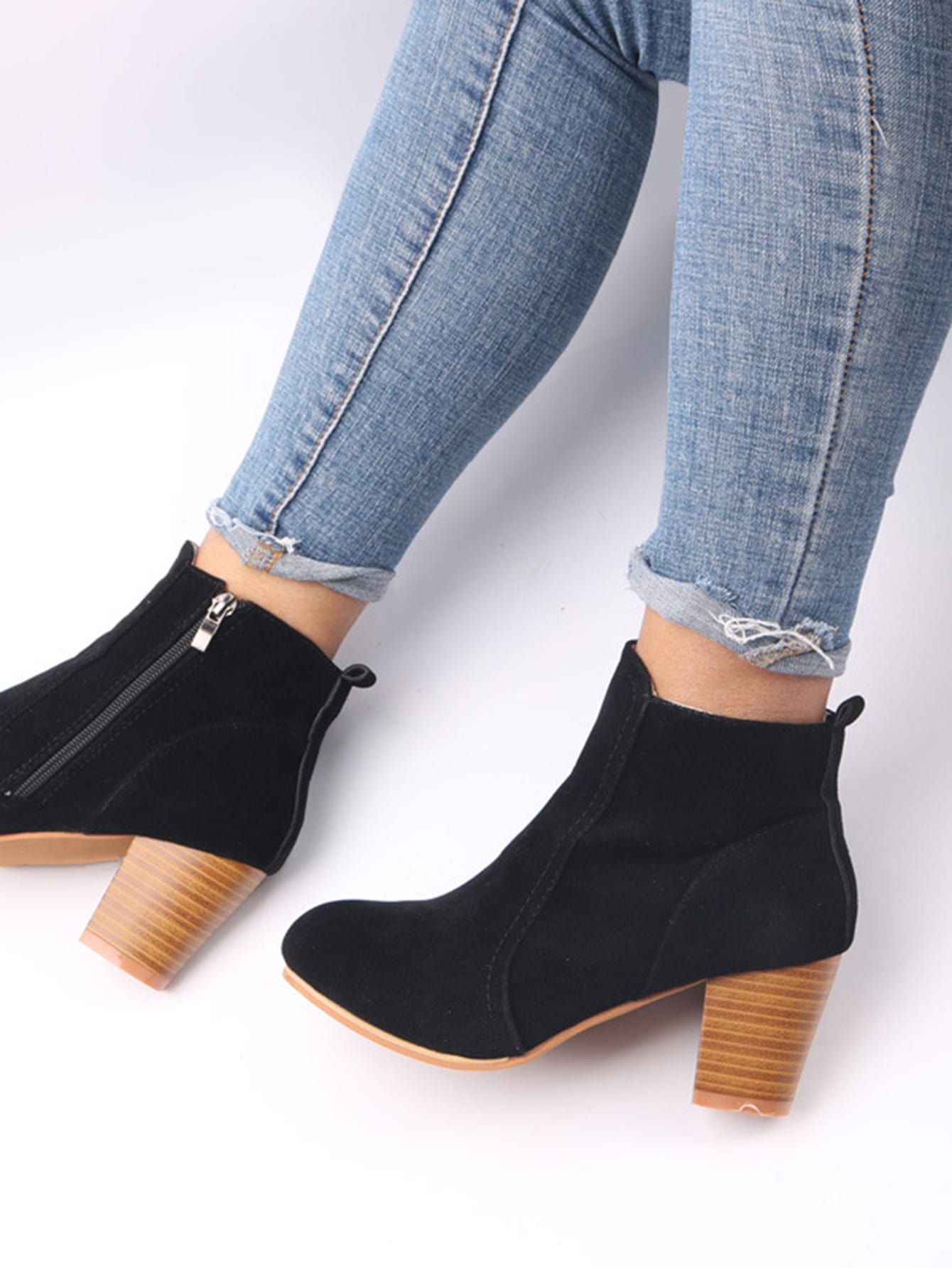 Women Faux Suede Zip Side Boots, Round Toe Chunky Heeled Classic Boots - Sellinashop
