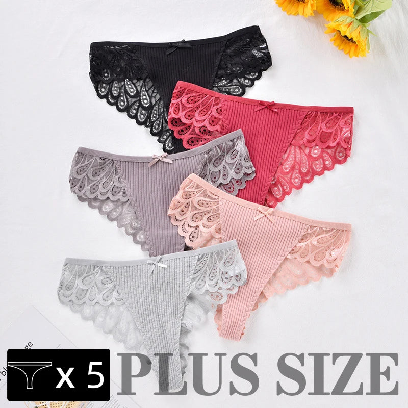 3/5Pcs Women Panties Plus Size Sexy Cotton Thong G-string Underwear Low-rise Female Briefs Ladies Underpants Solid Color Panties - Sellinashop