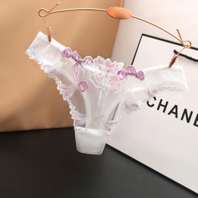 Feminine Floral Embroidery Underwear Ultra-thin Transparent Comfortable Thong Sexy Lace Underwear Low Waist Sexy Thong - Sellinashop