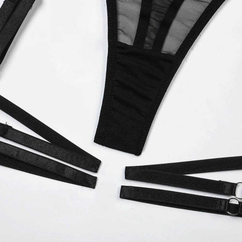 Mesh Lingerie Set Spaghetti Strap Patchwork Classic Black Erotic Set Padded Breif Set Nightwear - Sellinashop
