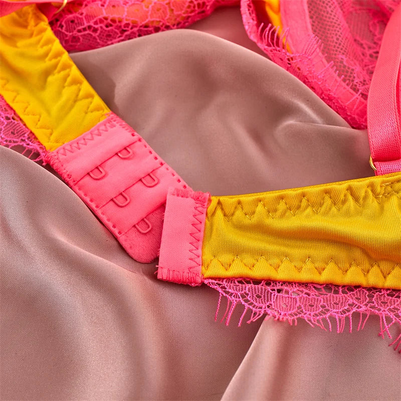 Contrast Color Lace Bra Set Women Thong Underwear Set Ladies Patchwork Sexy Lingerie Set - Sellinashop