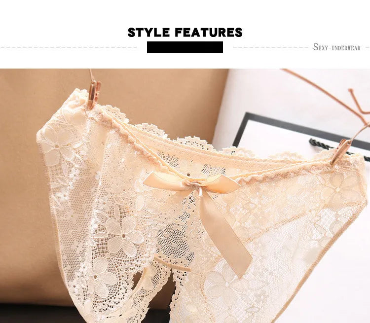 Erotic Sexy Open Lace Panties Transparent Bow Low Waist Underpants Female Breathable Hollow Mesh Briefs Women Sexy Lingerie - Sellinashop