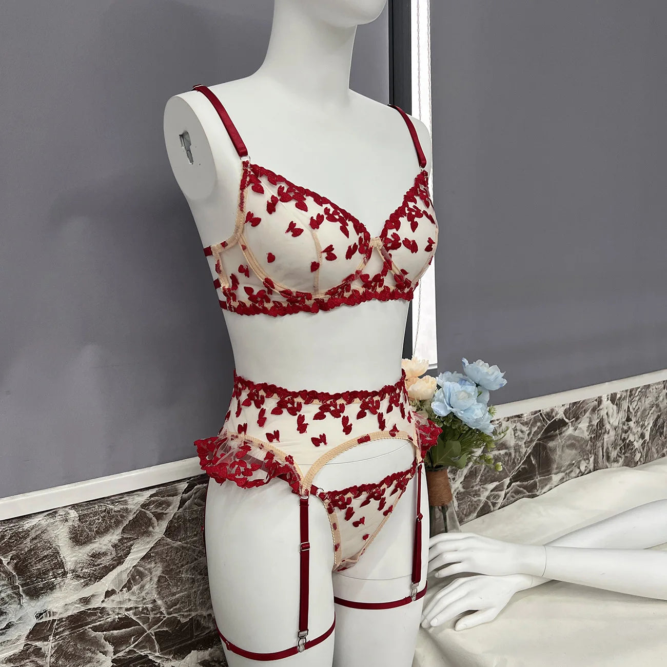 Heart Lingerie Sheer Lace Embroidery Sensual Bra + Panty Underwear Set 4-Piece Ruffle Delicate Sexy Outfits - Sellinashop