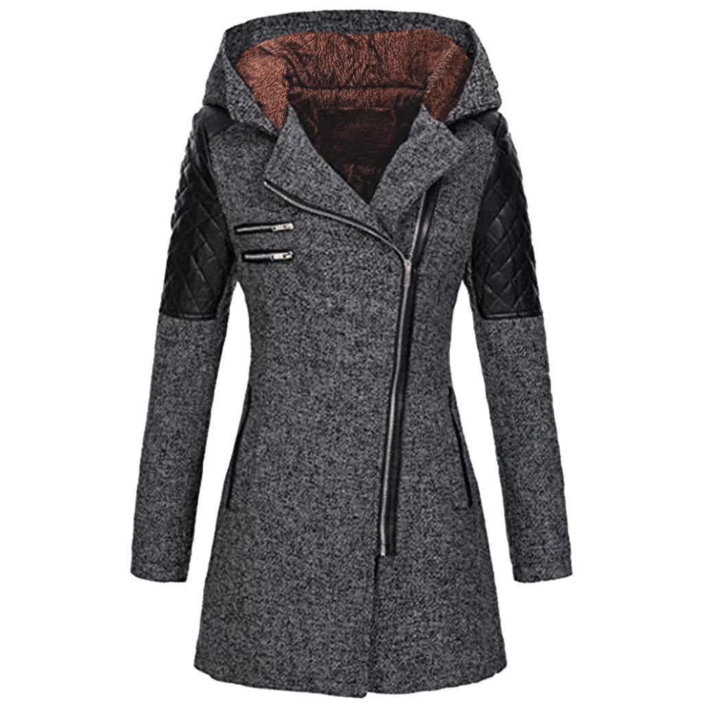 Women's autumn and winter mid length hooded loose diagonal zipper woolen trench coat composite plush cotton jacket - Sellinashop