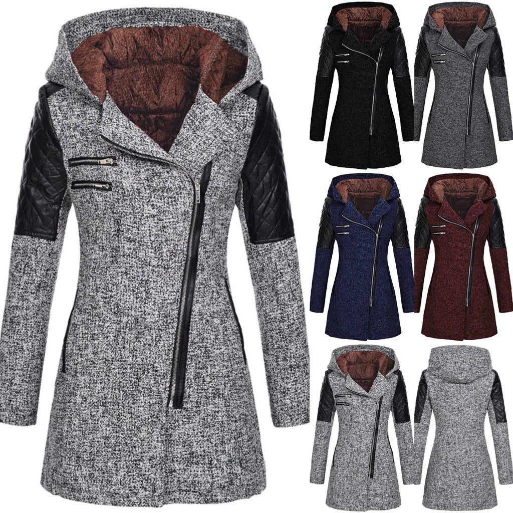 Women's autumn and winter mid length hooded loose diagonal zipper woolen trench coat composite plush cotton jacket - Sellinashop