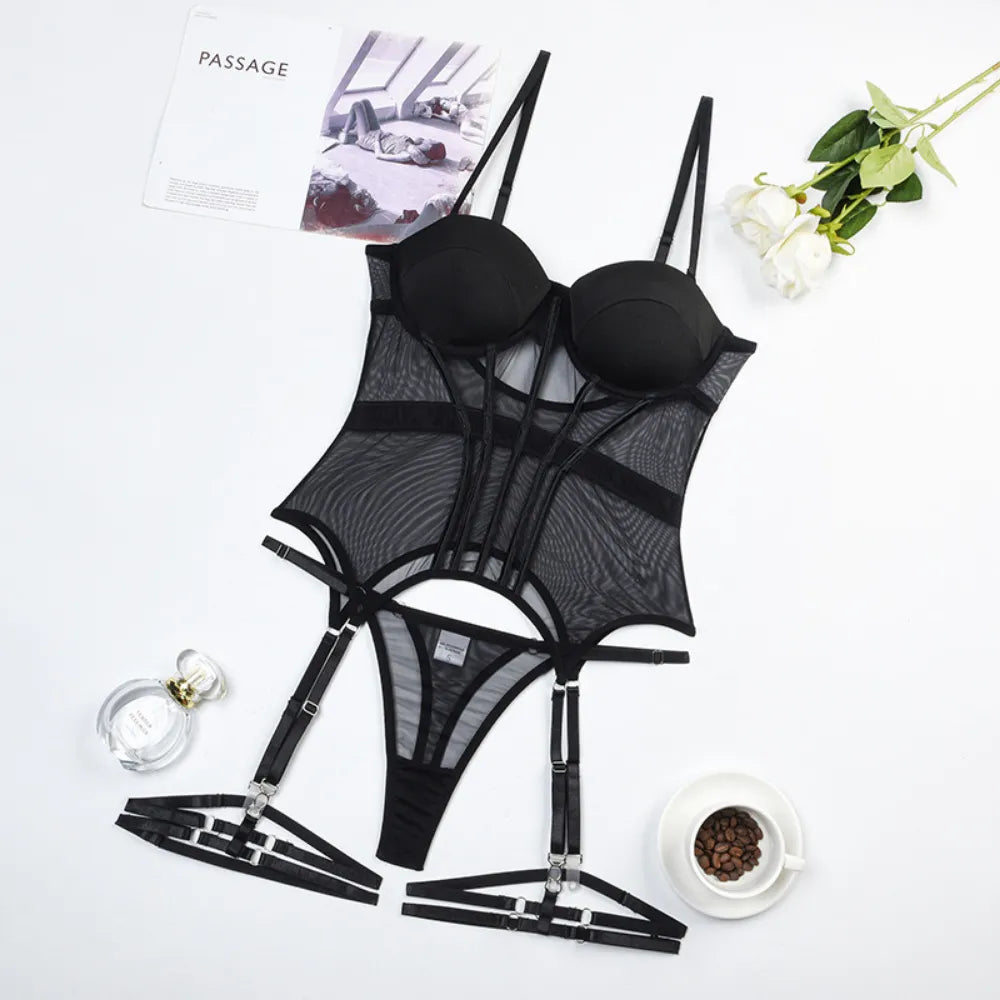 Mesh Lingerie Set Spaghetti Strap Patchwork Classic Black Erotic Set Padded Breif Set Nightwear - Sellinashop