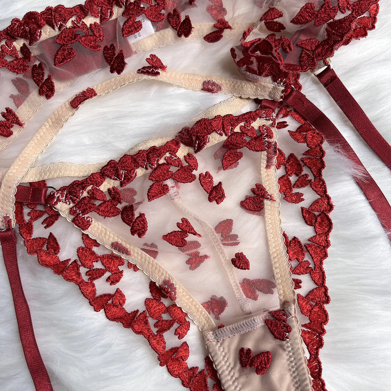 Heart Lingerie Sheer Lace Embroidery Sensual Bra + Panty Underwear Set 4-Piece Ruffle Delicate Sexy Outfits - Sellinashop