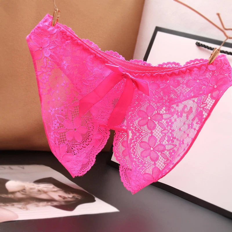 Erotic Sexy Open Lace Panties Transparent Bow Low Waist Underpants Female Breathable Hollow Mesh Briefs Women Sexy Lingerie - Sellinashop