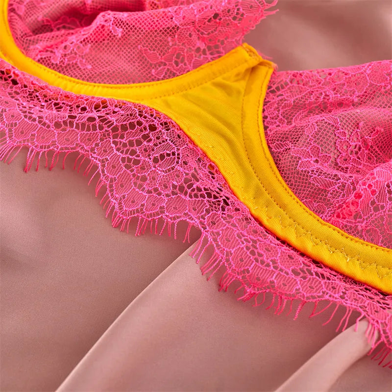 Contrast Color Lace Bra Set Women Thong Underwear Set Ladies Patchwork Sexy Lingerie Set - Sellinashop