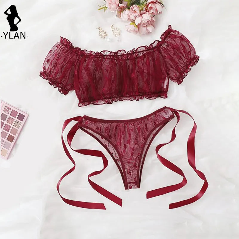 Sensual Lingerie Woman Sexy Bra Set See Through Exotic Sets Babydoll Lingerie Floral Off Shoulder Bralette Ruffle Sexy Underwear - Sellinashop