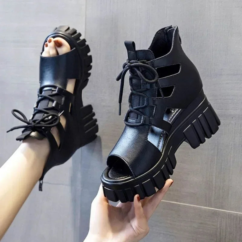 Summer Hollowed-out Breathable Thin Roman Sandals Women New All-match High-heeled Platform Sandals Wedge Platform Shoes - Sellinashop