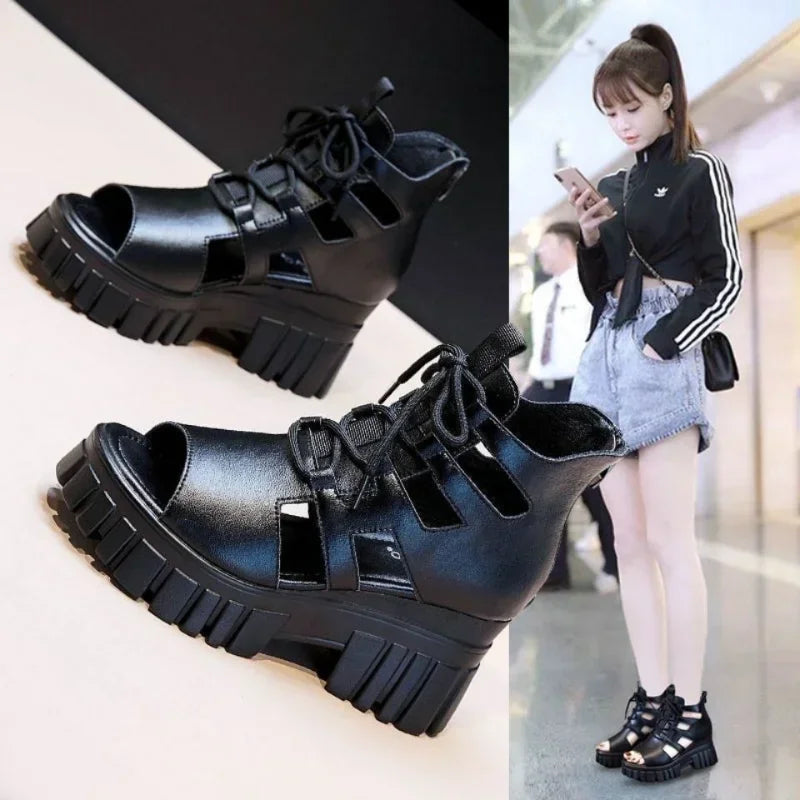 Summer Hollowed-out Breathable Thin Roman Sandals Women New All-match High-heeled Platform Sandals Wedge Platform Shoes - Sellinashop