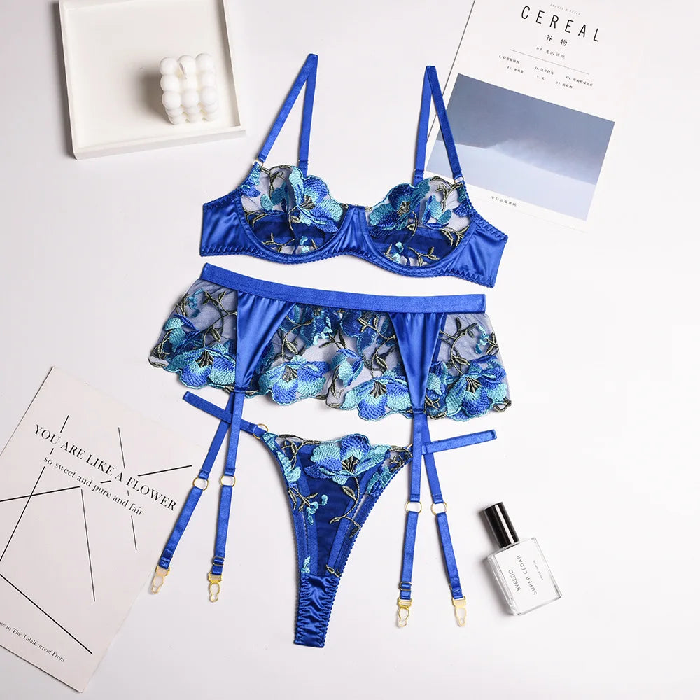 Lace Bra Set Women Embroidery Bra + Panty Underwear Set Ladies Blue Patchwork Sexy Lingerie Set - Sellinashop